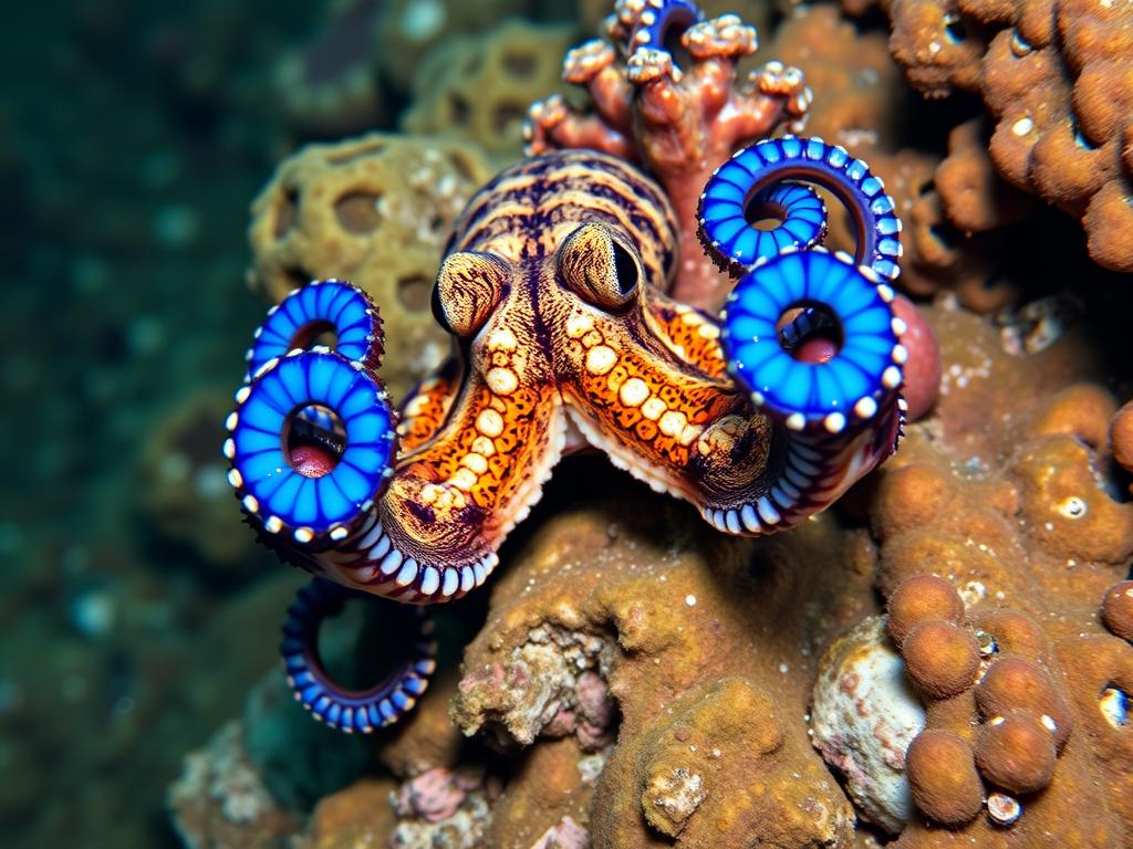 Blue-ringed octopus displaying its bright blue warning rings