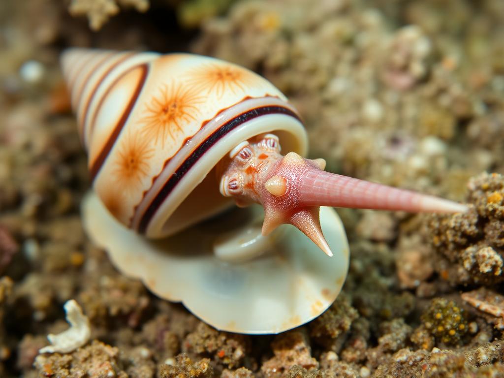 Close-up of a cone snail with its venomous harpoon extended