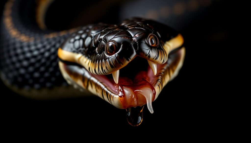 Close-up of a venomous snake with fangs exposed showing venom delivery system