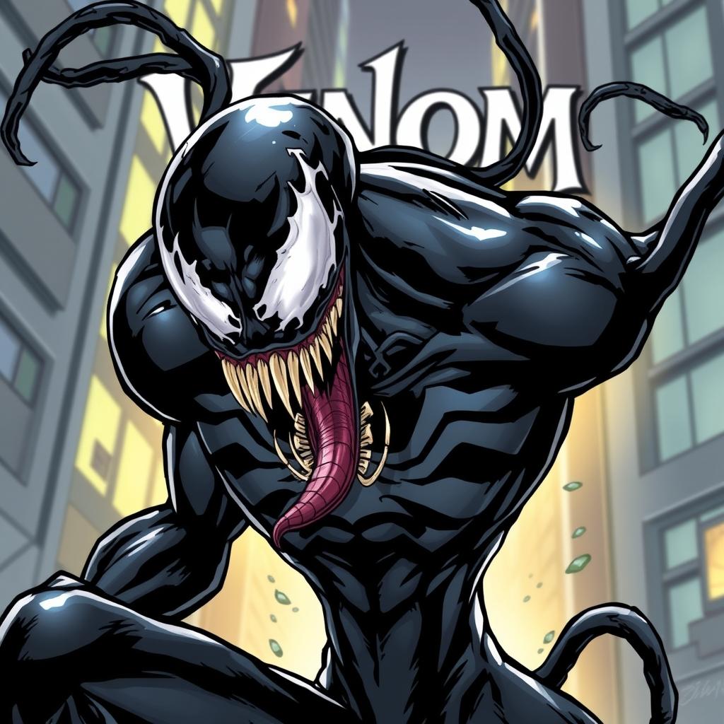 Comic book style illustration of Marvel's Venom character
