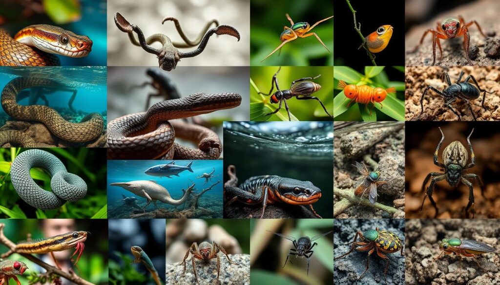 Diverse collection of venomous species in their natural habitats showing biodiversity