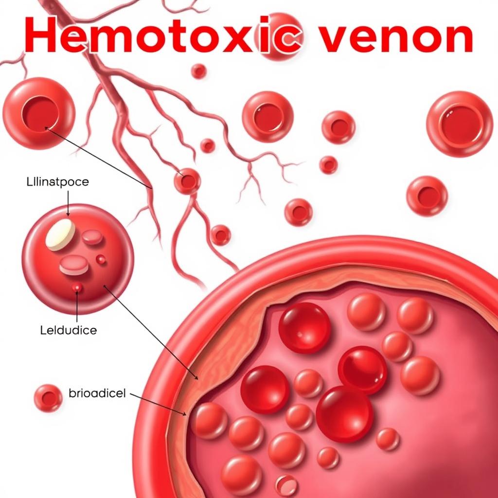 Illustration of hemotoxic venom affecting blood cells