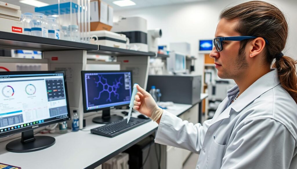 Researcher studying Russell's viper venom components in a research laboratory