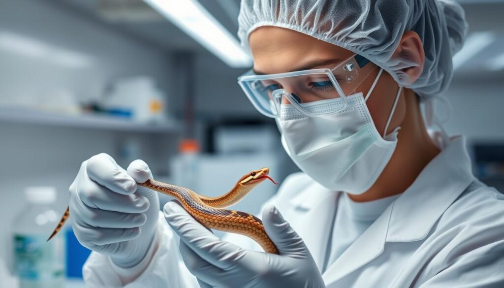 Scientist in lab extracting venom from a snake for medical research